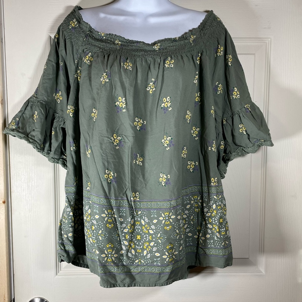 Off-Shoulder Olive Green Floral Peasant Top